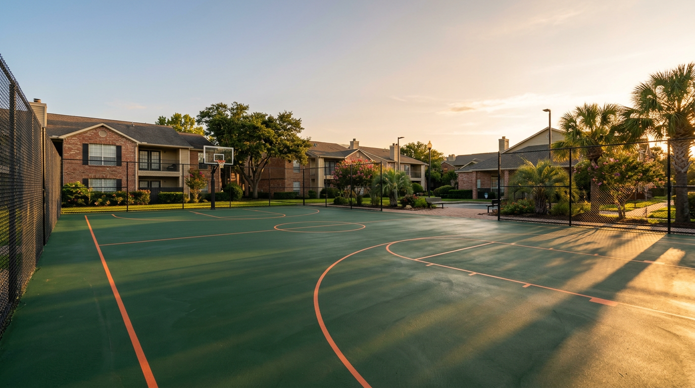 A freshly resurfaced outdoor basketball court in deep green and burnt orange at a Houston apartment community