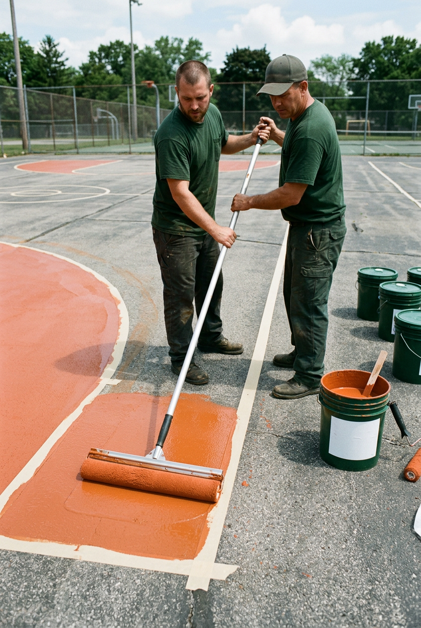 Two sport-court specialists applying burnt orange coating to an outdoor court with a long-handled roller