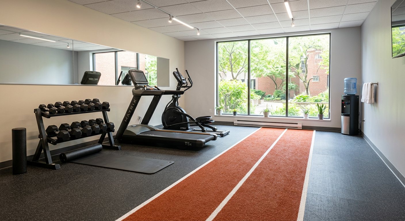 A resurfaced clubhouse gym floor with a burnt orange running stripe