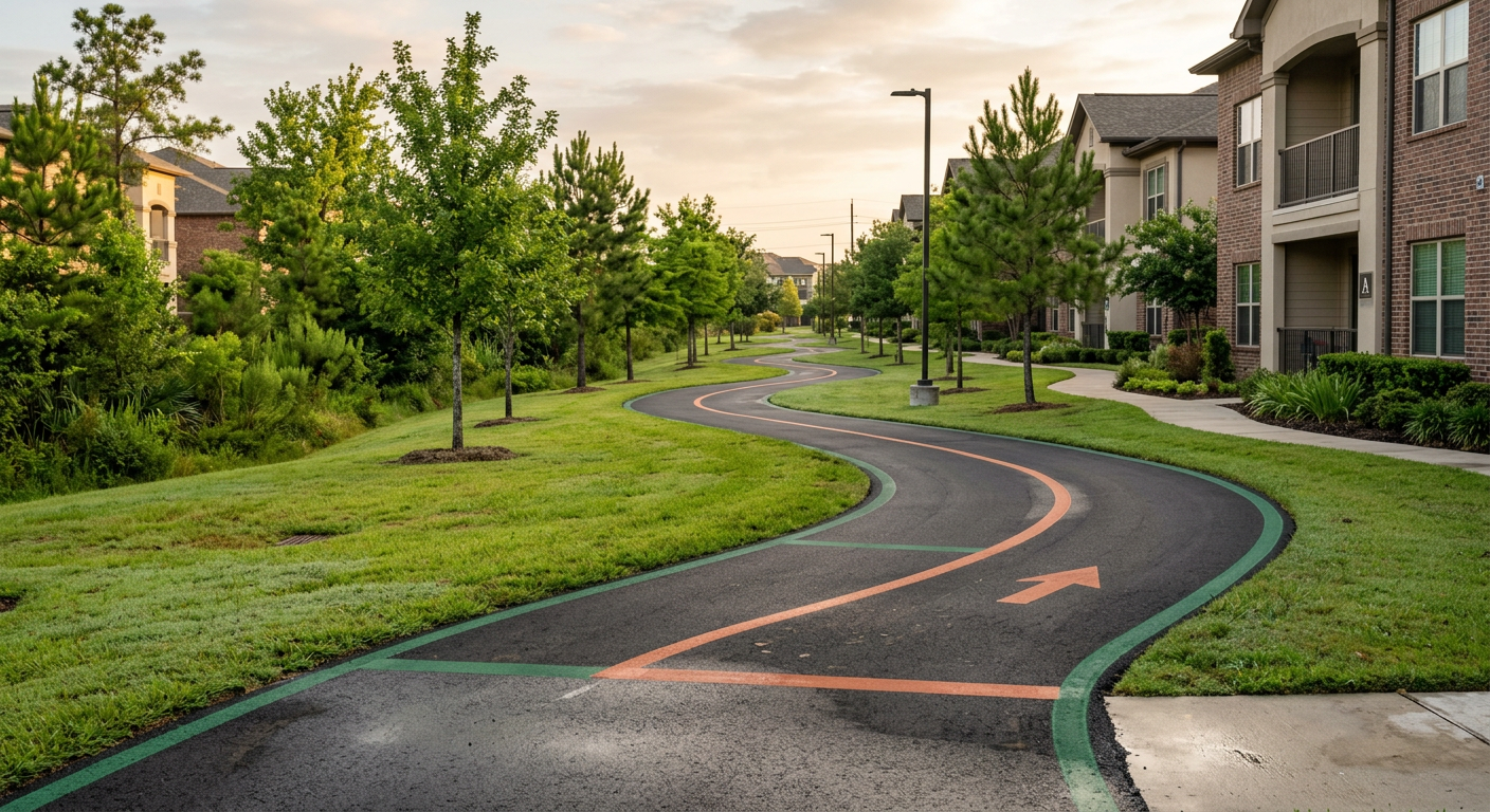 A paved jogging trail through an apartment community lined with trees